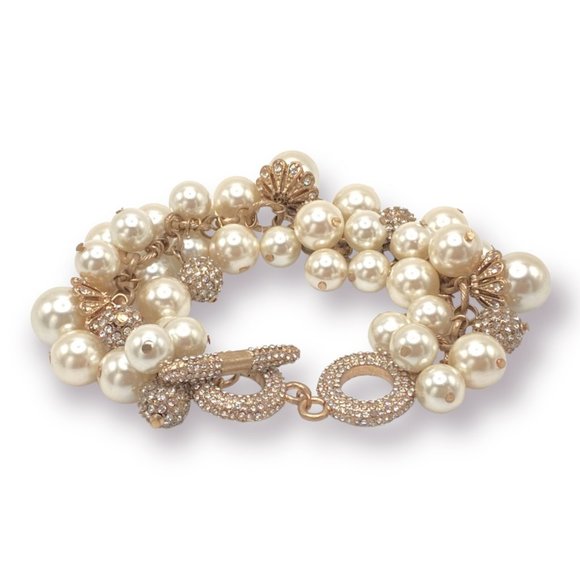 NEW Badgley Mischka Pearl & Pave Rhinestone Bead Gold Dangle Wedding Bracelet - Picture 3 of 8